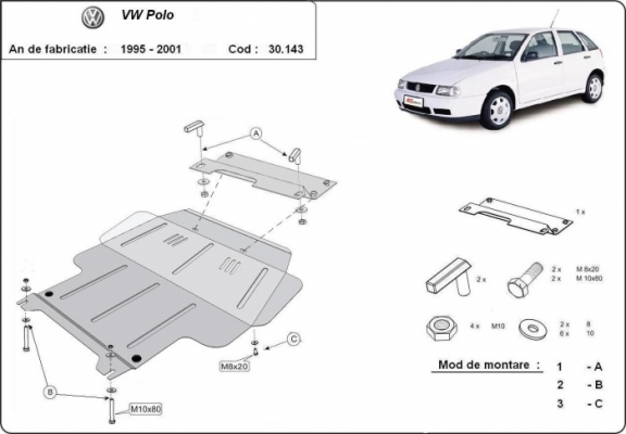 Piastra paramotore di acciaio Volkswagen Polo - 6N, 6N1, 6K, Classic, Variant