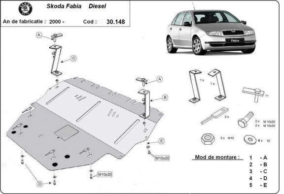 Piastra paramotore di acciaio Skoda Fabia Diesel