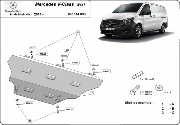 Piastra paramotore di acciaio Mercedes V-Classe W447, 4x2, 1.6 D