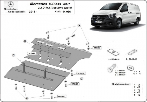 Piastra paramotore di acciaio Mercedes V-Class W447 2.2 D, 4x2 