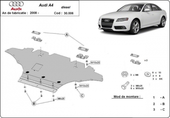 Piastra paramotore di acciaio Audi A4 B8, diesel
