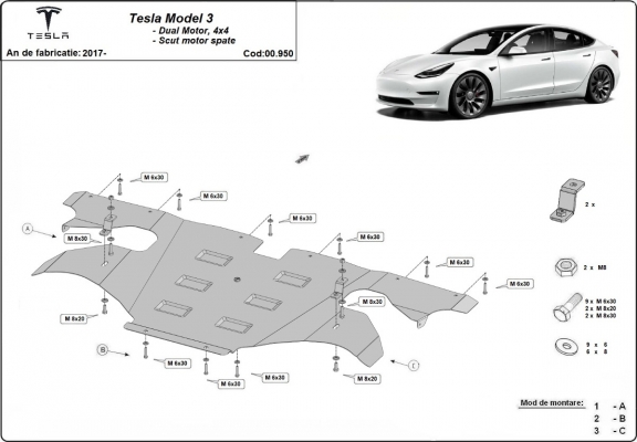 Protezione motore elettrico posteriore Tesla Model 3 AWD