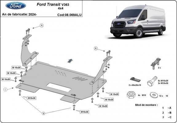 Piastra paramotore di alluminio Ford Transit V363 4x4