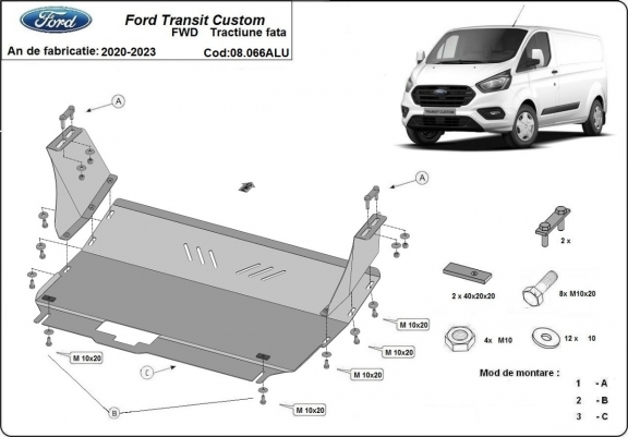 Piastra paramotore di alluminio Ford Transit Custom - FWD
