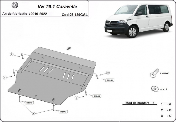 Piastra paramotore di acciaio zincato Volkswagen Transporter T6.1Caravelle