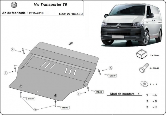 Piastra paramotore di alluminio Volkswagen Transporter T6