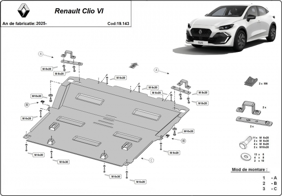 Piastra paramotore di acciaio Renault Clio 6