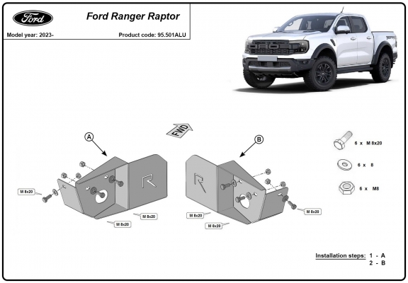 Piastra paramotore alluminio sensore sospensione posteriore Ford Ranger Raptor
