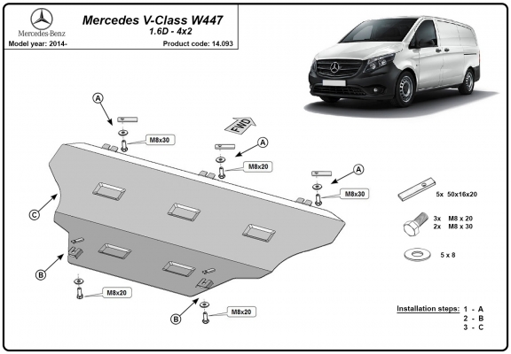 Piastra paramotore di acciaio Mercedes V-Classe W447, 4x2, 1.6 D