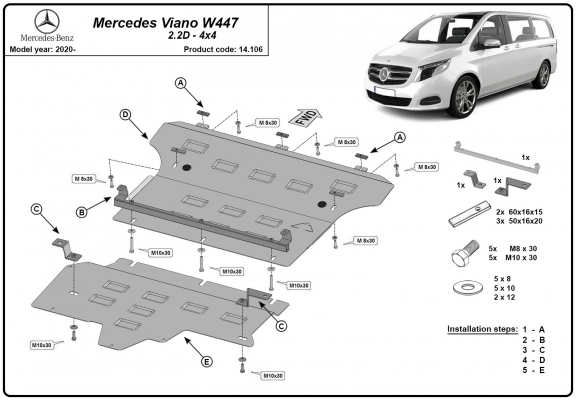 Piastra paramotore di acciaio Mercedes Viano W447, 2.2 D, 4x4